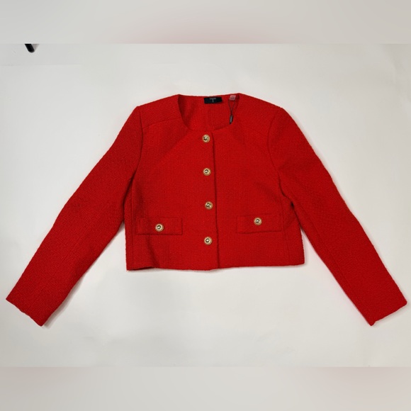 Cropped Red Blazer Boucle Crop Short Jacket Chic Ruby Rose Tweed Suit Notch Crew - Picture 3 of 17